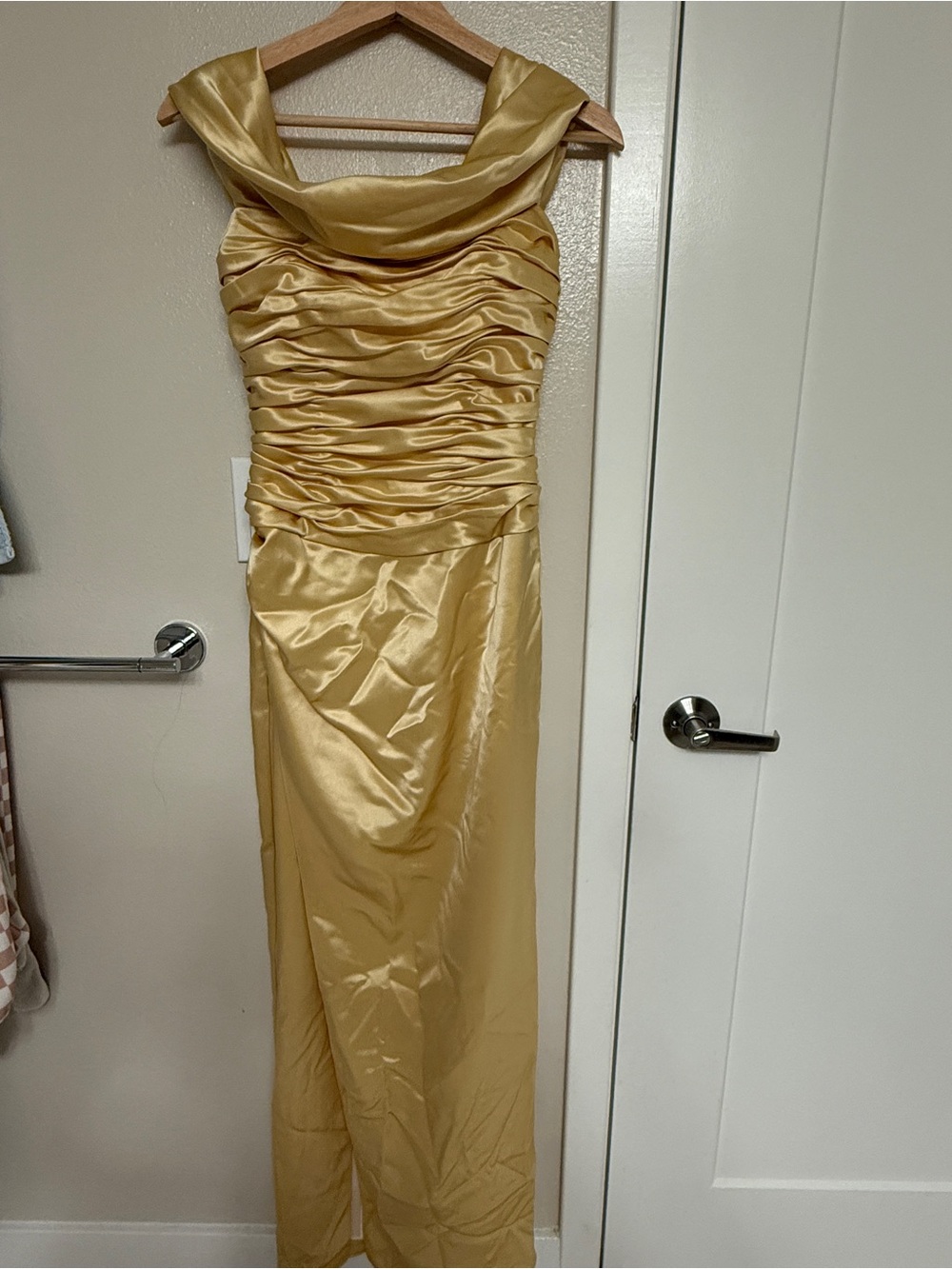 New Reformation Gold Satin Ruched Maxi Dress